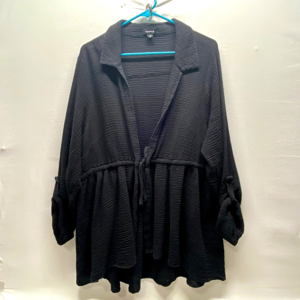 Torrid Tie Front Cover Up Women's 3X Black 3/4 Sleeve Lightweight Kimono GUC
